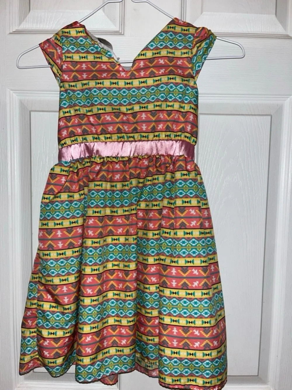 Article Girls Pink Satin-Waist Multicolor Aztec Dress